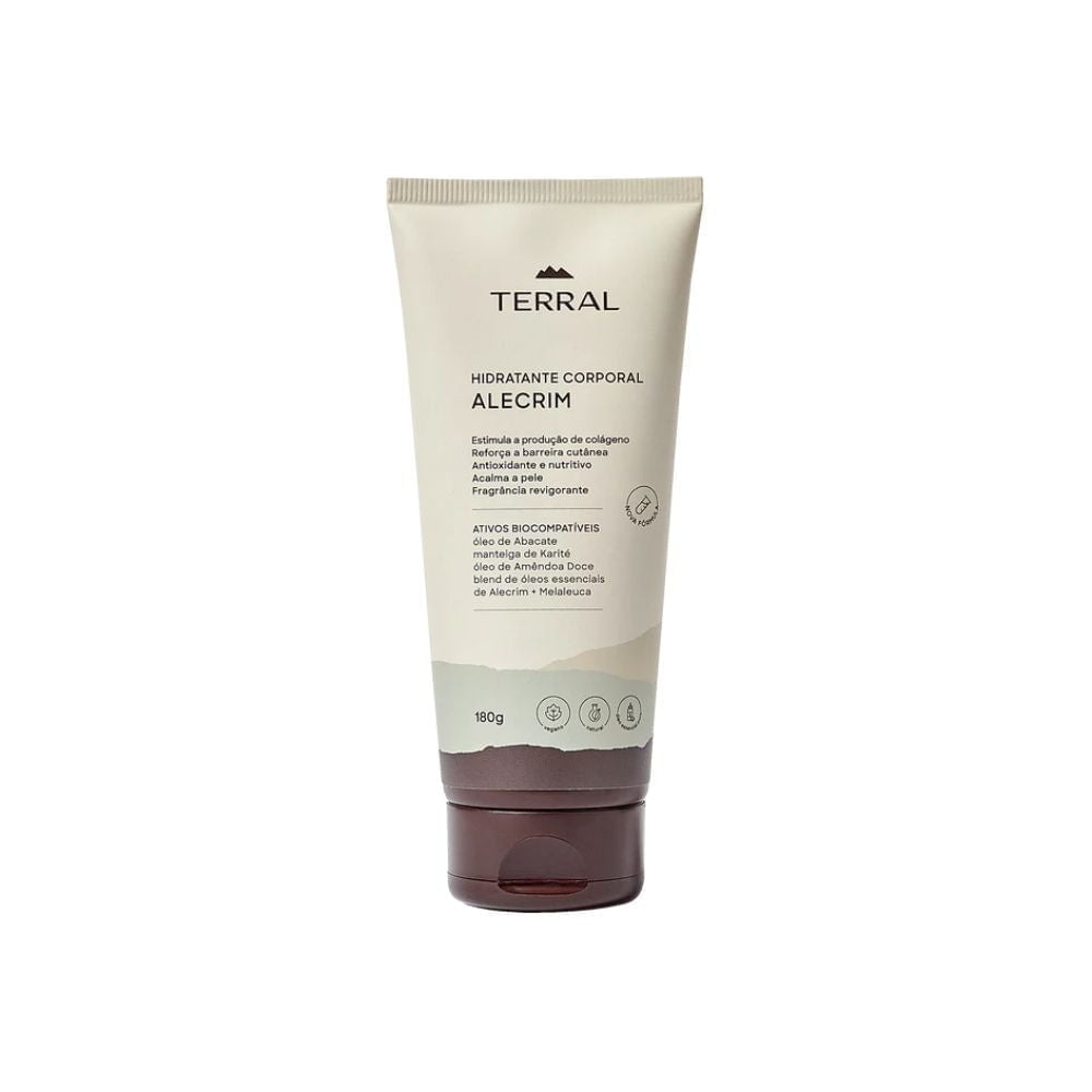 Hidratante-Corporal-Alecrim-Terral-180g-em-bisnaga-bege-com-tampa-marrom-com-ativos-antioxidantes-e-fragrancia-revigorante.