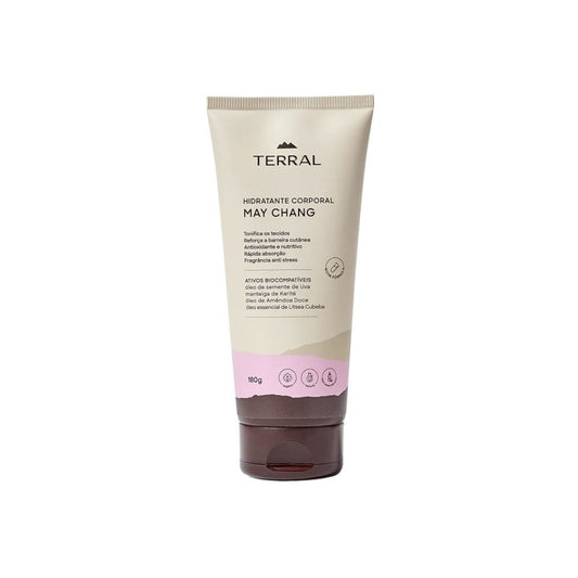 Hidratante-corporal-May-Chang-Terral-180g-em-bisnaga-bege-e-rosa-com-ativos-naturais-como-oleo-de-amendoas-e-manteiga-de-karite.