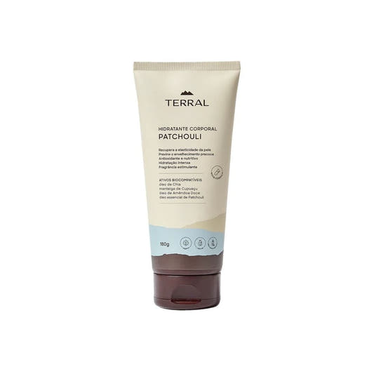 Tubo-de-Hidratante-Corporal-Patchouli-Terral-180g-com-tons-bege-e-azul-tampa-marrom-e-descricao-dos-beneficios-e-ingredientes-na-embalagem.