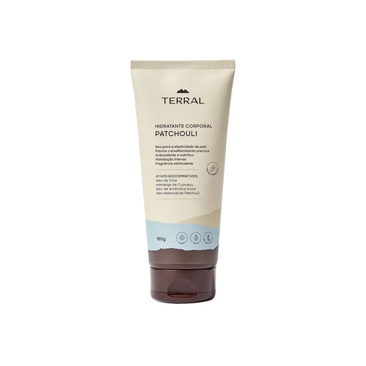Tubo-de-Hidratante-Corporal-Patchouli-Terral-180g-com-tons-bege-e-azul-tampa-marrom-e-descricao-dos-beneficios-e-ingredientes-na-embalagem.