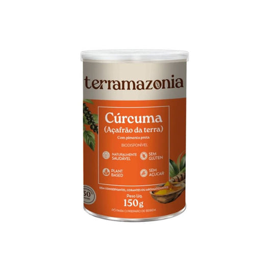 Embalagem-de-Curcuma-Terramazonia-150g-com-fundo-bege-e-laranja-destacando-que-e-plant-based-sem-acucar-e-sem-gluten.