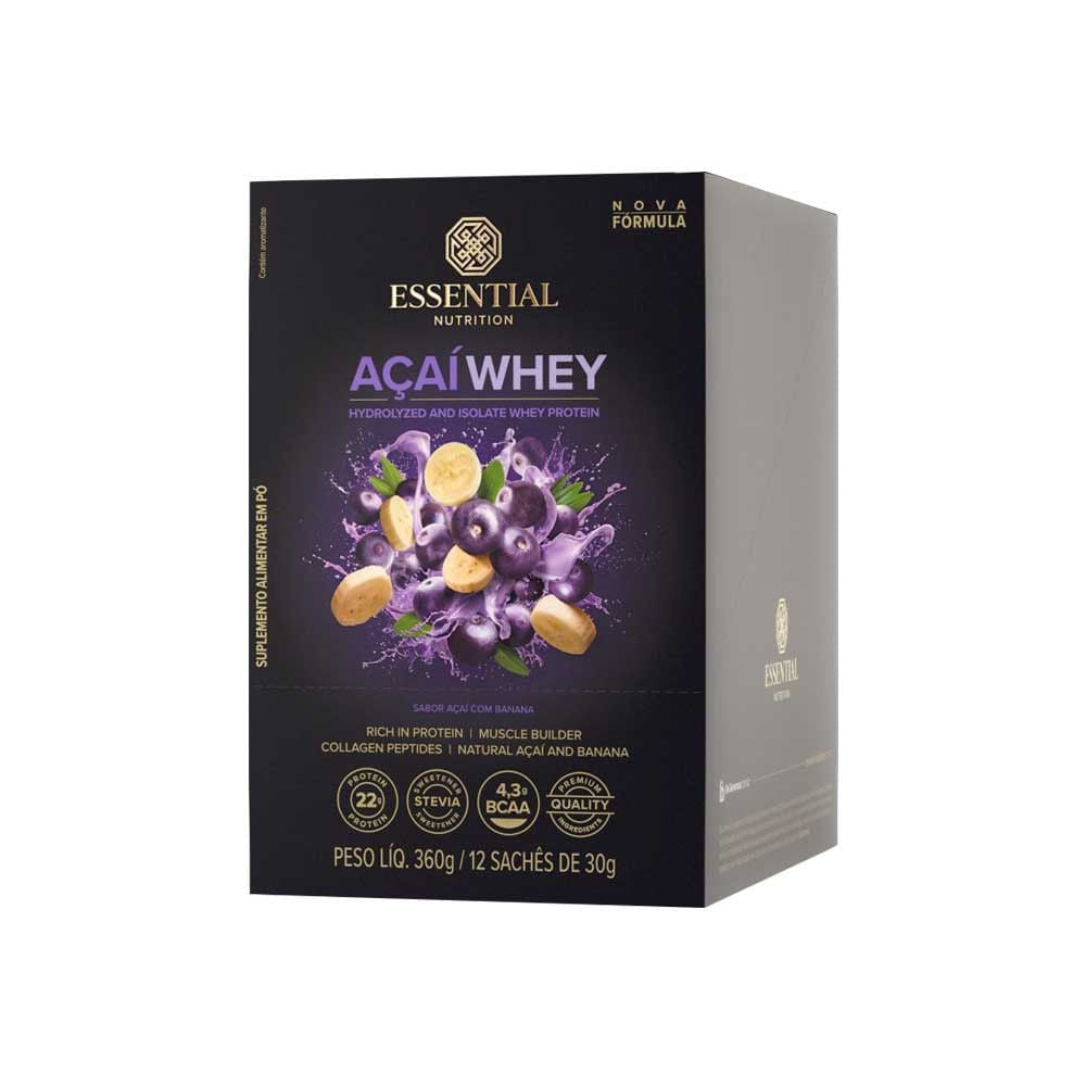 Açaí Whey Protein Hidrolisado e Isolado Caixa com 12x30g Essential Nutrition