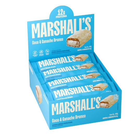 Display-azul-com-varias-unidades-da-Barra-de-Proteina-Marshalls-sabor-coco-e-ganache-branco-com-destaque-para-12g-de-proteina.