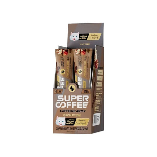 Display-com-saches-de-Supercoffee-Lingua-de-Gato-Caffeine-Army-destacando-sabor-de-chocolate-energia-e-foco.-Embalagem-marrom-com-detalhes-dourados.