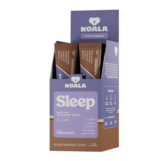 Display-roxo-com-saches-marrom-da-Bebida-Noturna-Koala-sabor-chocolate-suplemento-para-rituais-de-sono-e-relaxamento.