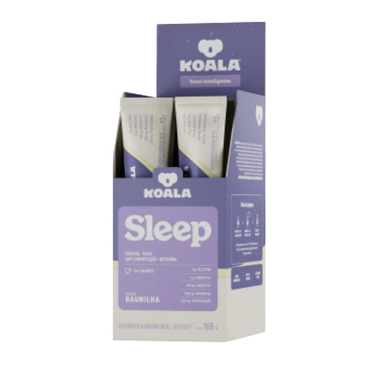 Display-roxo-com-saches-de-Bebida-Noturna-Koala-Sleep-sabor-baunilha-ideal-para-auxiliar-na-rotina-noturna-e-promover-relaxamento.