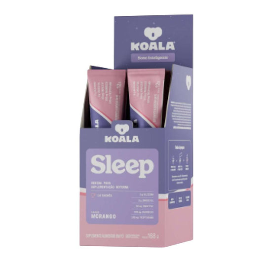 Display-roxo-e-rosa-da-Bebida-Noturna-Koala-Sleep-sabor-morango-com-saches-organizados-e-informacoes-destacadas-na-embalagem.