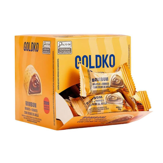 Bombom de Chocolate Branco e Cookies com Creme de Avelã 18x15g GoldKo