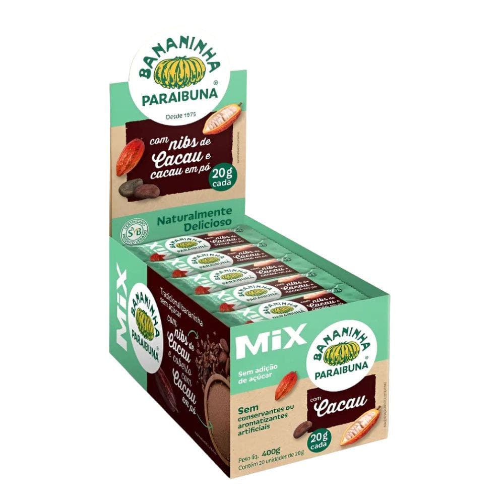 Bananinha Sem Açúcar com Nibs de Cacau Caixa com 20x20g Paraibuna