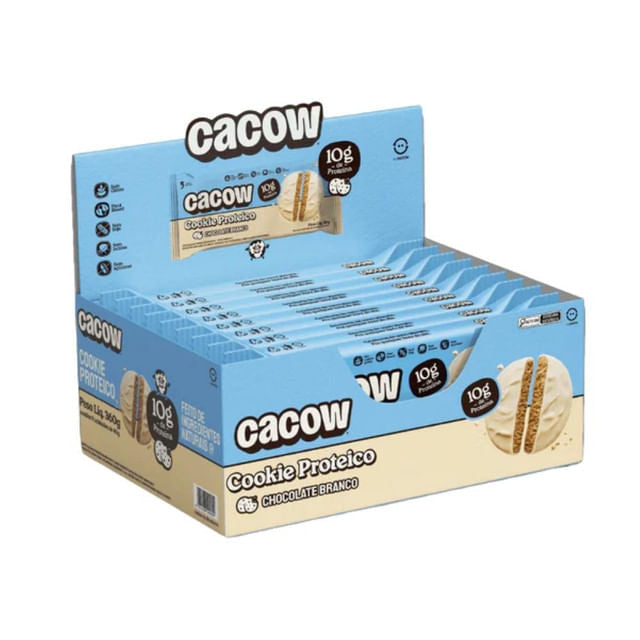 Caixa-expositora-azul-e-bege-com-varias-unidades-do-Cookie-Proteico-Cacow-sabor-chocolate-branco-destacando-10g-de-proteina-por-porcao.