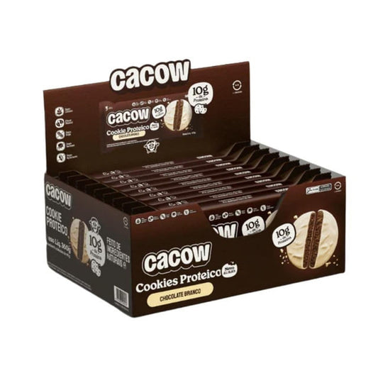 Caixa-expositora-marrom-com-varias-unidades-do-Cookie-Proteico-sabor-chocolate-branco-destacando-10g-de-proteina-por-porcao.