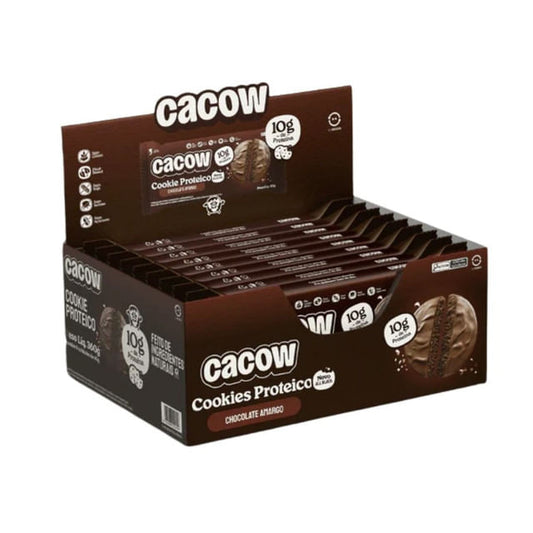 Caixa-expositora-marrom-com-varias-unidades-de-Cookie-Proteico-sabor-chocolate-amargo-destacando-10g-de-proteina-e-selo-vegano.