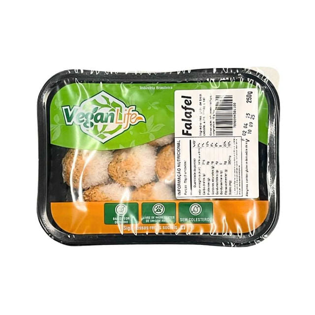Embalagem-plastica-de-Falafel-Vegan-Life-congelado-com-bolinhos-de-grao-de-bico-visiveis-rotulo-verde-e-informacoes-nutricionais.