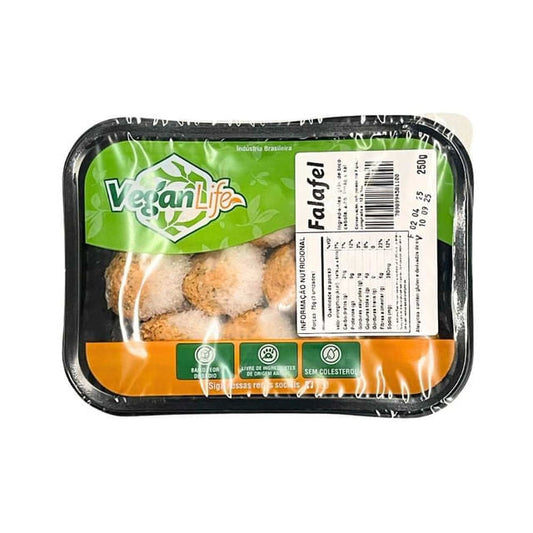 Embalagem-plastica-de-Falafel-Vegan-Life-congelado-com-bolinhos-de-grao-de-bico-visiveis-rotulo-verde-e-informacoes-nutricionais.