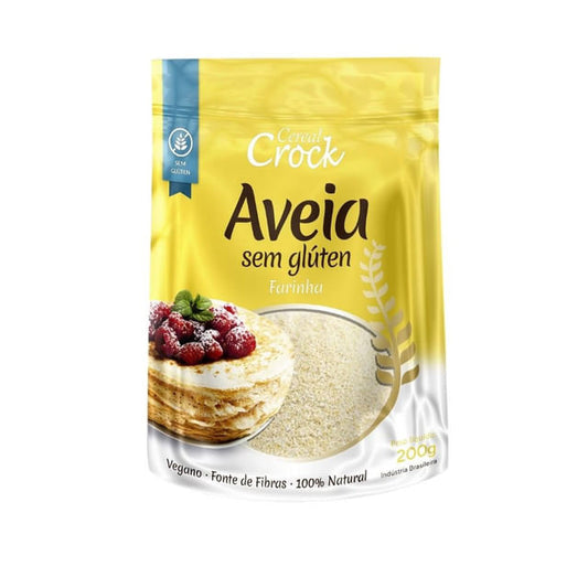 Embalagem-dourada-de-Farinha-de-Aveia-sem-Gluten-com-selo-sem-gluten-e-ilustracao-de-panquecas-com-frutas.-Produto-vegano-e-100--natural.