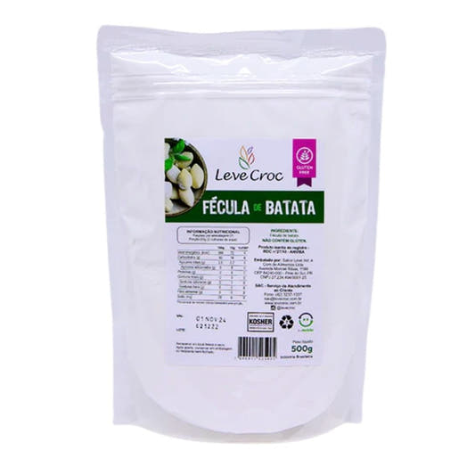 Embalagem-branca-de-fecula-de-batata-com-rotulo-verde-e-branco-selo-sem-gluten-e-kosher.-O-produto-e-indicado-para-receitas-diversas.