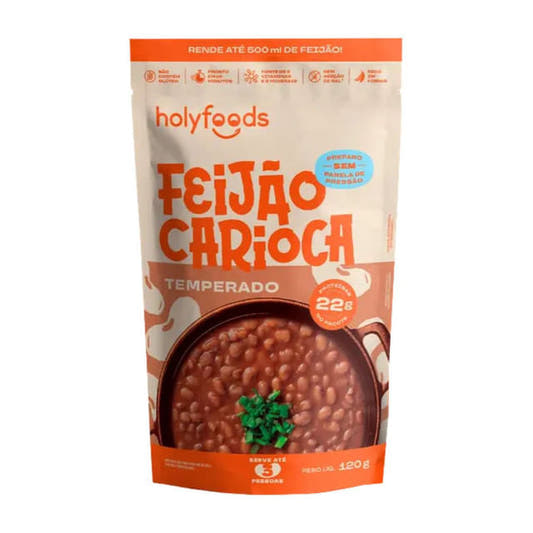 Embalagem-do-Feijao-Carioca-temperado-HolyFoods-com-120g-fundo-branco-e-laranja-texto-em-destaque-e-imagem-de-feijao-cozido-com-cebolinha.