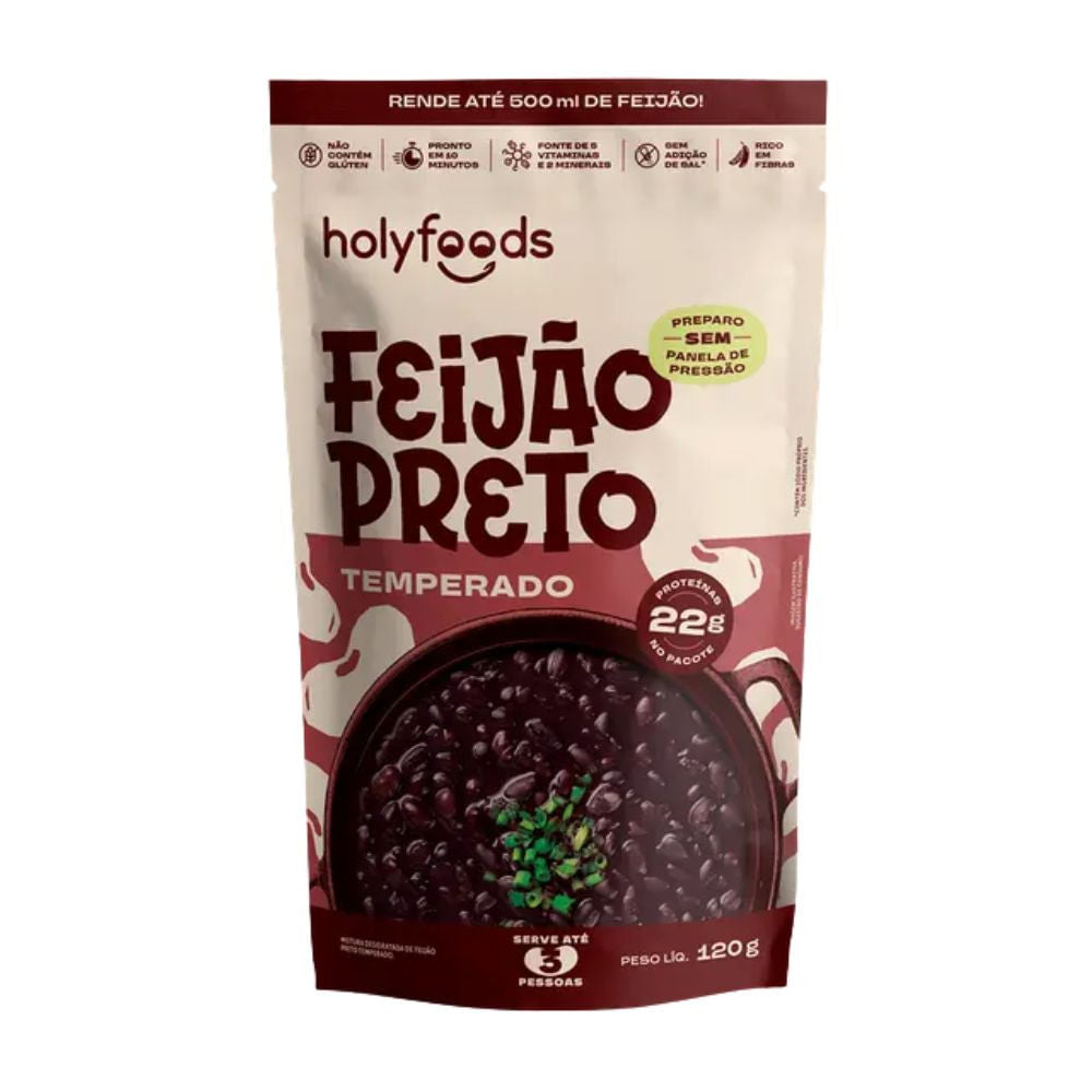 Embalagem-stand-up-pouch-de-Feijao-Preto-temperado-da-marca-HolyFoods-com-destaque-para-22g-de-proteina-e-preparo-sem-panela-de-pressao.