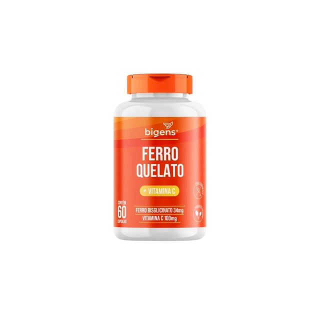 Frasco-de-suplemento-laranja-da-marca-Bigens-com-rotulo-destacando-Ferro-Quelato-e-Vitamina-C-60-capsulas.