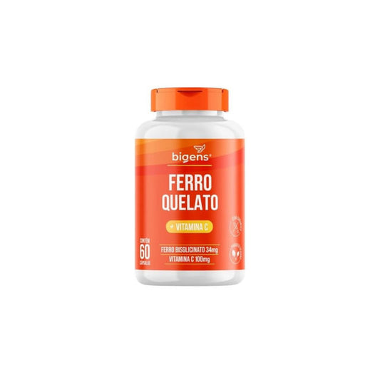 Frasco-de-suplemento-laranja-da-marca-Bigens-com-rotulo-destacando-Ferro-Quelato-e-Vitamina-C-60-capsulas.