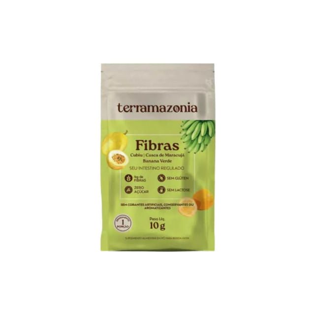 Embalagem-de-Fibras-Terramazonia-sache-verde-com-imagens-de-maracuja-e-banana-destacando-beneficios-para-o-intestino.