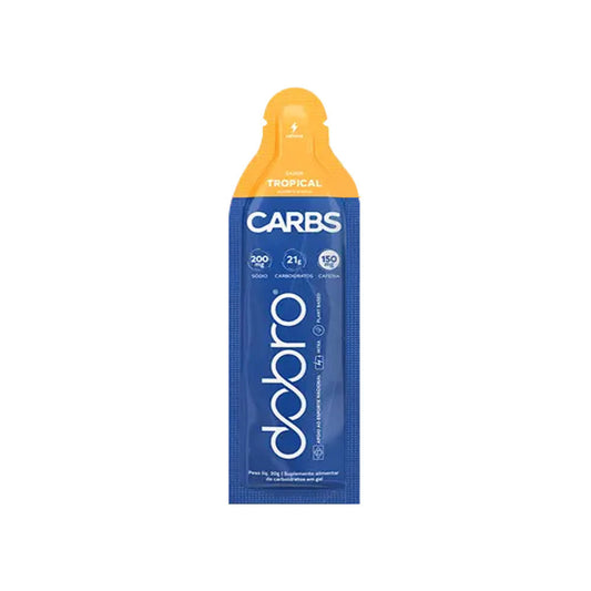 Sache-azul-com-tampa-laranja-da-marca-Dobro-identificado-como-Gel-de-Carboidrato-sabor-tropical.-Letras-e-dados-nutricionais-visiveis.