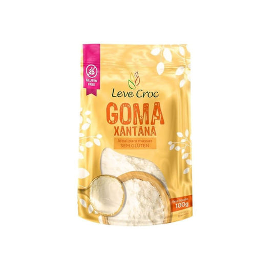 Embalagem-dourada-de-Goma-Xantana-Leve-Croc-com-selo-sem-gluten-e-ilustracao-de-farinha-em-tigela-de-madeira.-Design-clean-e-informativo.