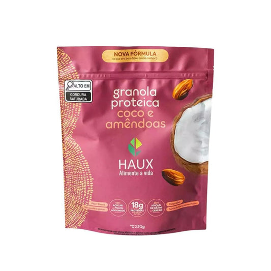 Embalagem-da-Granola-Proteica-Haux-sabor-coco-e-amendoas-fonte-de-proteinas-e-fibras-sem-acucar-adicionado-e-sem-cereais-refinados