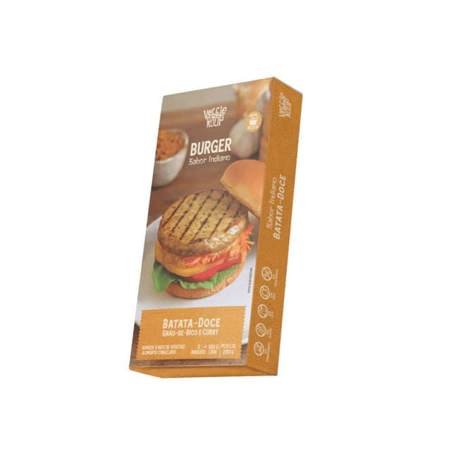 Embalagem-em-pe-do-Hamburguer-de-Batata-Doce-sabor-indiano-da-Veggie-Roots-com-imagem-ilustrativa-do-hamburguer-em-pao-com-salada.