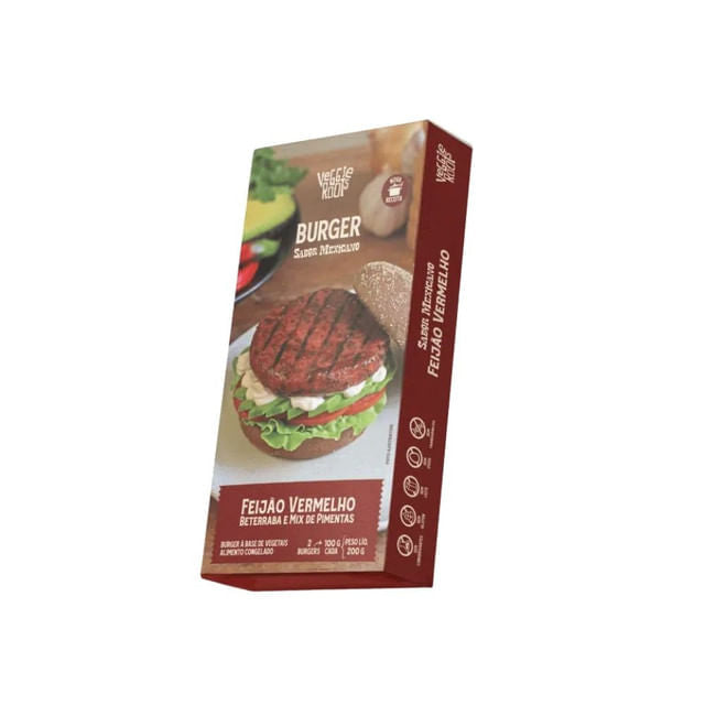 Caixa-vermelha-da-marca-Veggie-Roots-com-Hamburguer-de-Feijao-Vermelho-exibindo-imagem-do-hamburguer-servido-em-pao-com-alface-e-molho.