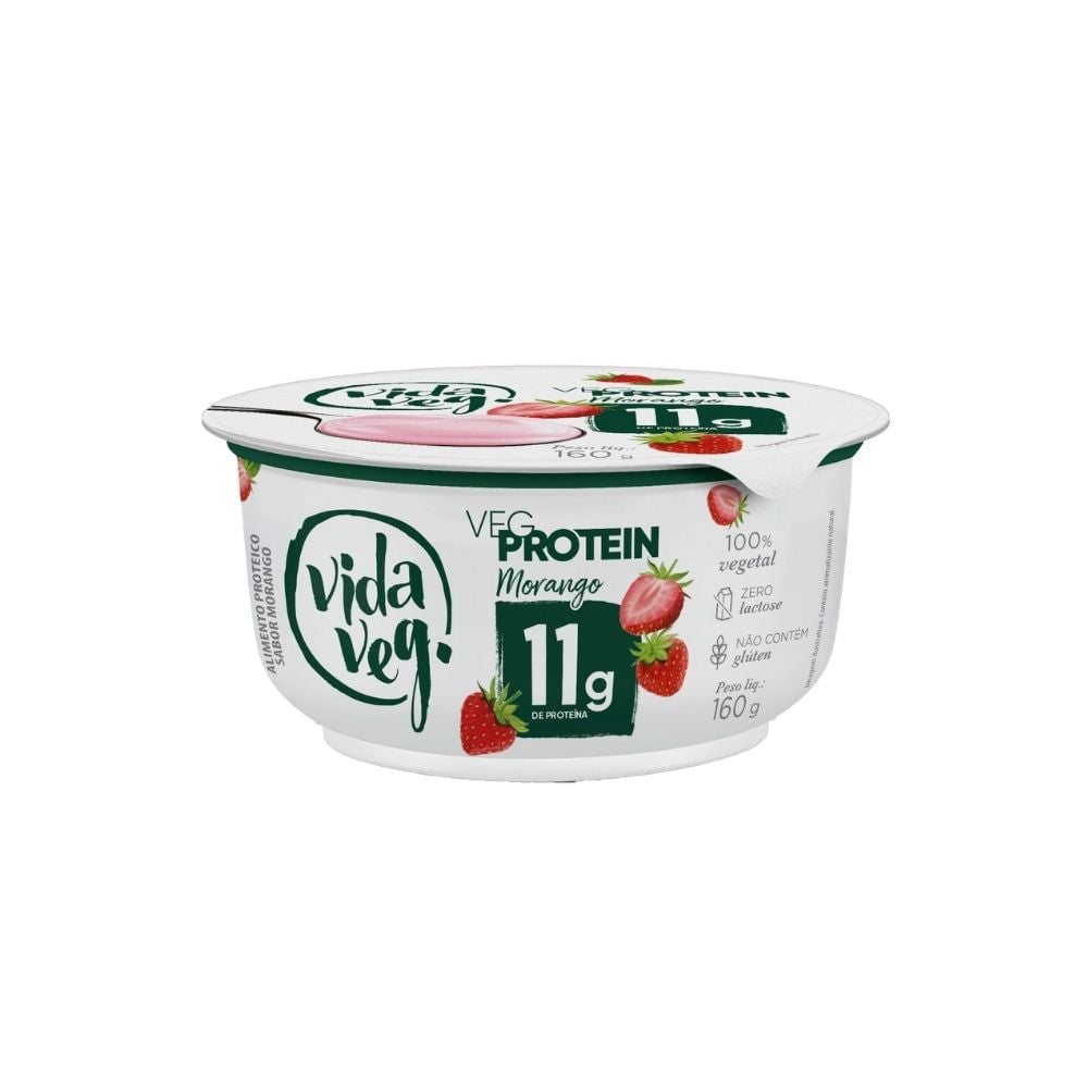 Embalagem-branca-e-verde-do-Iogurte-Veg-Protein-sabor-morango-com-destaque-para-morangos-e-11g-de-proteina-na-tampa.