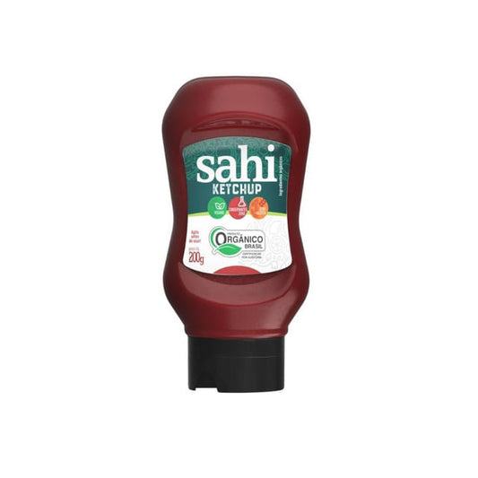 Embalagem-plastica-de-Ketchup-organico-Sahi-200g-na-cor-vermelha-com-tampa-preta-rotulo-verde-e-branco-com-selos-de-produto-vegano.