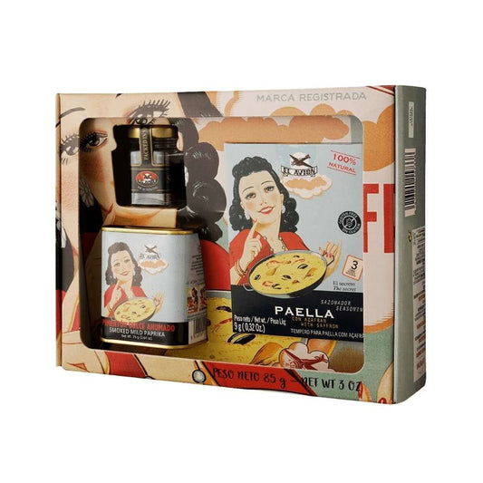 Kit-para-paella-da-marca-El-Avion-contendo-tempero-com-acafrao-e-paprica-defumada-em-embalagem-com-design-vintage-espanhol