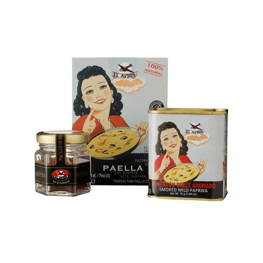 Kit-para-paella-da-marca-El-Avion-contendo-tempero-com-acafrao-e-paprica-defumada-em-embalagem-com-design-vintage-espanhol
