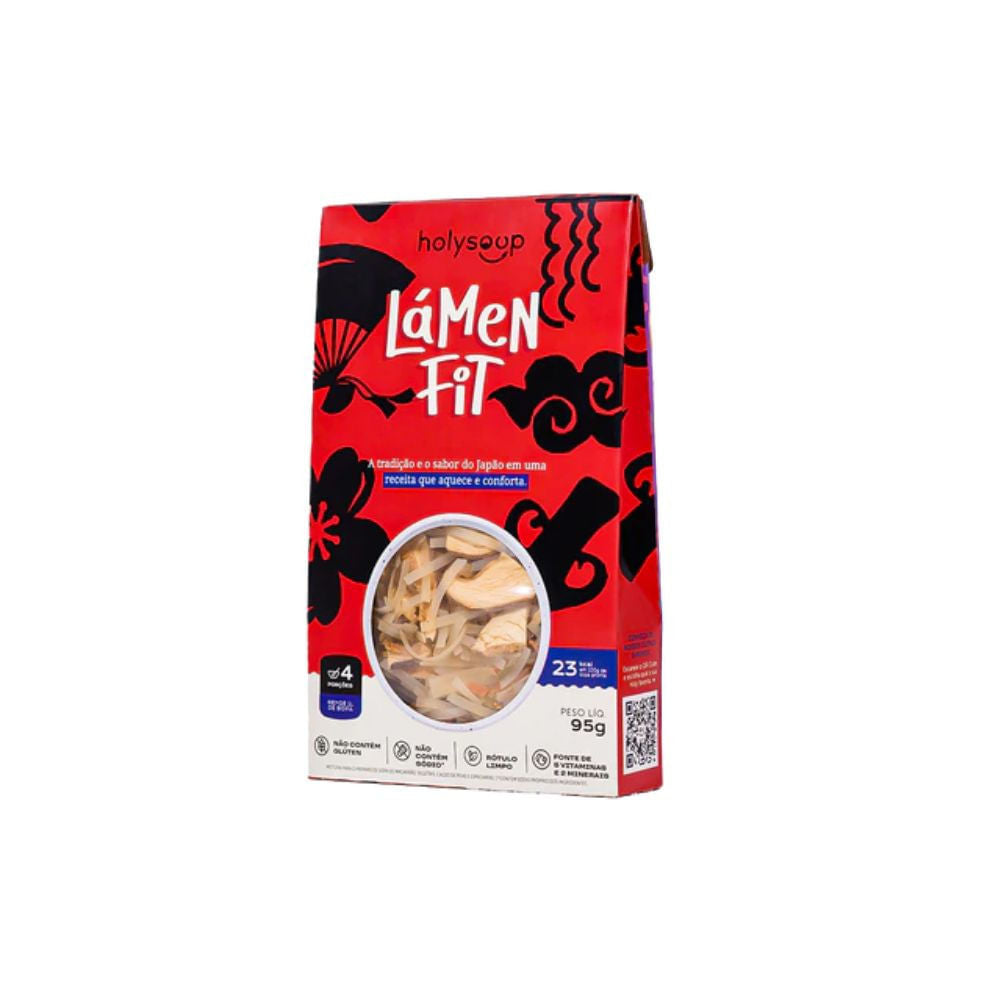Embalagem-vermelha-de-Lamen-Fit-95g-da-Holysoup-com-janela-transparente-e-ilustracoes-japonesas-destacando-ser-sem-gluten-e-sodio.