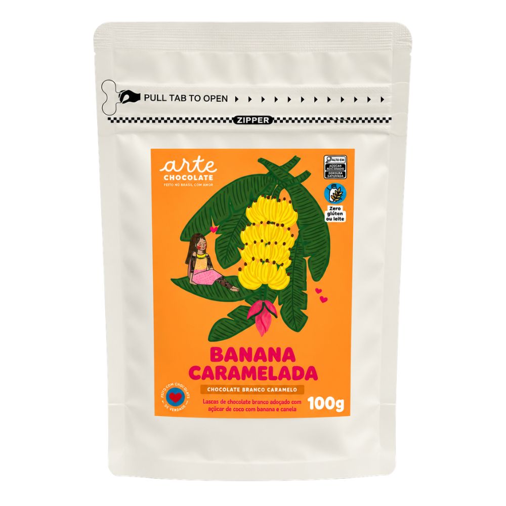 Lascas de Chocolate Branco Vegano Banana Caramelada 100g Arte Chocolate
