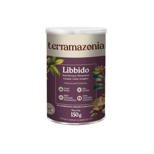 Embalagem-cilindrica-do-suplemento-Libbido-com-150g-fundo-bege-e-roxo-ilustracoes-de-plantas-palavra-Libbido-em-destaque.