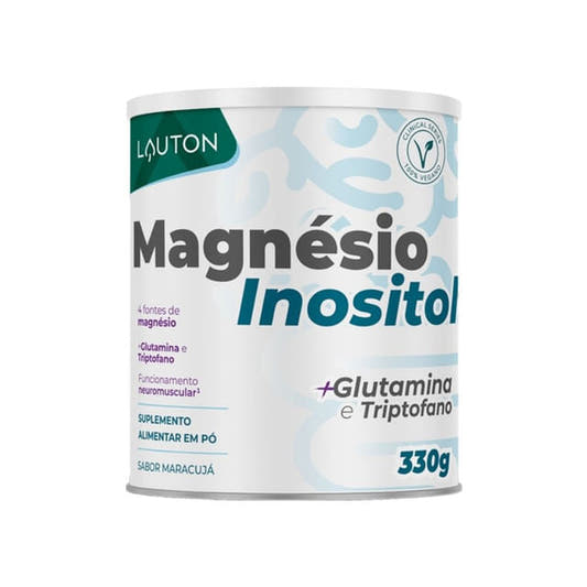Pote-branco-com-tampa-prata-da-Lauton-com-o-texto--Magnesio-Inositol--destaca-330g-sabor-maracuja-e-ingredientes-como-glutamina-e-triptofano.