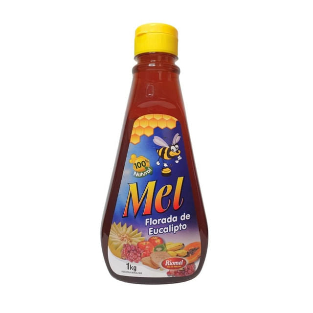 Frasco-transparente-com-tampa-amarela-contendo-mel.-Rotulo-azul-exibe-favos-de-mel-abelha-e-frutas-variadas-destacando-a-naturalidade.