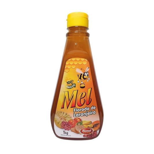 Frasco-plastico-transparente-com-tampa-amarela-contendo-mel.-Rotulo-laranja-com-colmeia-abelha-animada-e-imagens-de-frutas.