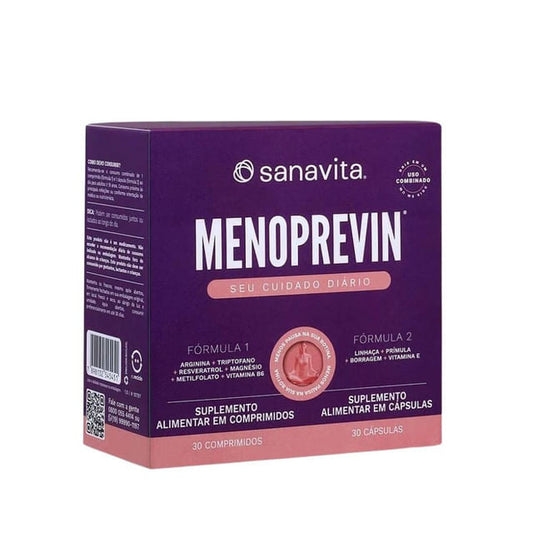 Caixa-roxa-e-rosa-da-Sanavita-com-o-nome-Menoprevin-em-destaque-indicando-formula-dupla-em-capsulas-e-comprimidos-para-mulheres.