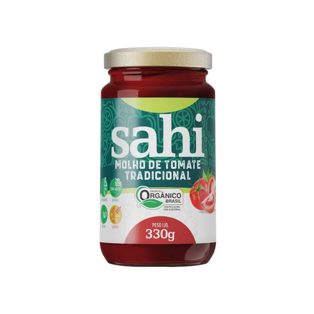 Frasco-de-vidro-com-rotulo-verde-e-branco-da-marca-Sahi-contendo-Molho-de-Tomate-Tradicional-organico-com-selo-de-produto-certificado.