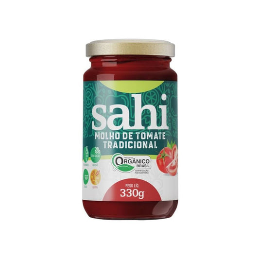 Frasco-de-vidro-com-rotulo-verde-e-branco-da-marca-Sahi-contendo-Molho-de-Tomate-Tradicional-organico-com-selo-de-produto-certificado.