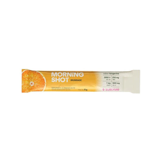 Sache-branco-e-laranja-do-Morning-Shot-sabor-tangerina-destacando-beneficios-para-imunidade-com-vitaminas-e-minerais.-Embalagem-pratica-e-portatil.