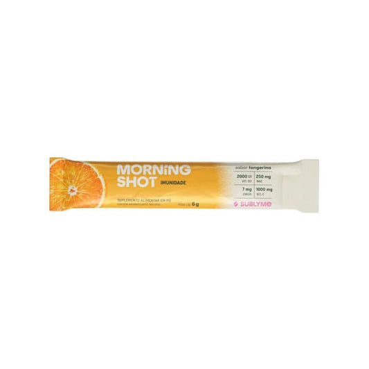 Sache-branco-e-laranja-do-Morning-Shot-sabor-tangerina-destacando-beneficios-para-imunidade-com-vitaminas-e-minerais.-Embalagem-pratica-e-portatil.