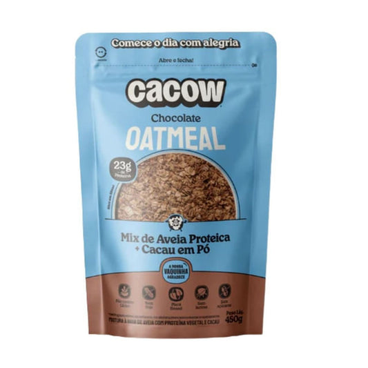 Embalagem-azul-e-marrom-de-Oatmeal-sabor-chocolate-da-marca-Cacow-com-450g-mostrando-mix-de-aveia-proteica-e-cacau-em-po.