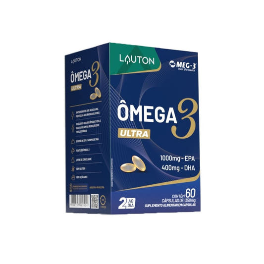 Caixa-azul-do-suplemento-Omega-3-Lauton-com-60-capsulas-destaque-para-selo-MEG-3-dose-diaria-e-composicao-EPA-e-DHA.