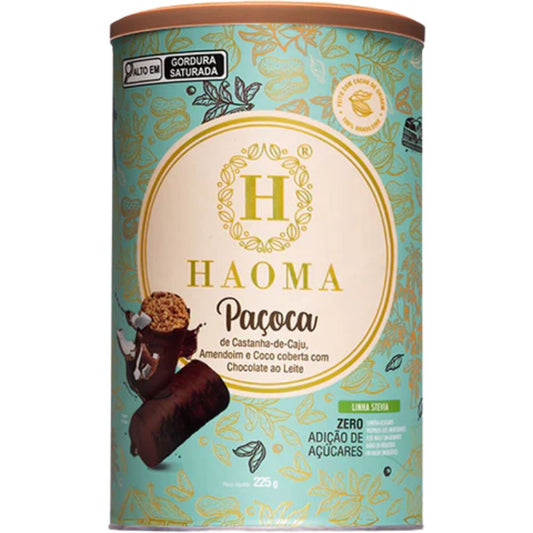 Paçoca de Castanha de Caju com Amendoim e Coco Coberta com Chocolate ao Leite Linha Stevia 225g HAOMA