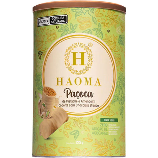 Paçoca de Pistache e Amendoim Coberta com Chocolate Branco Linha Stevia 225g HAOMA