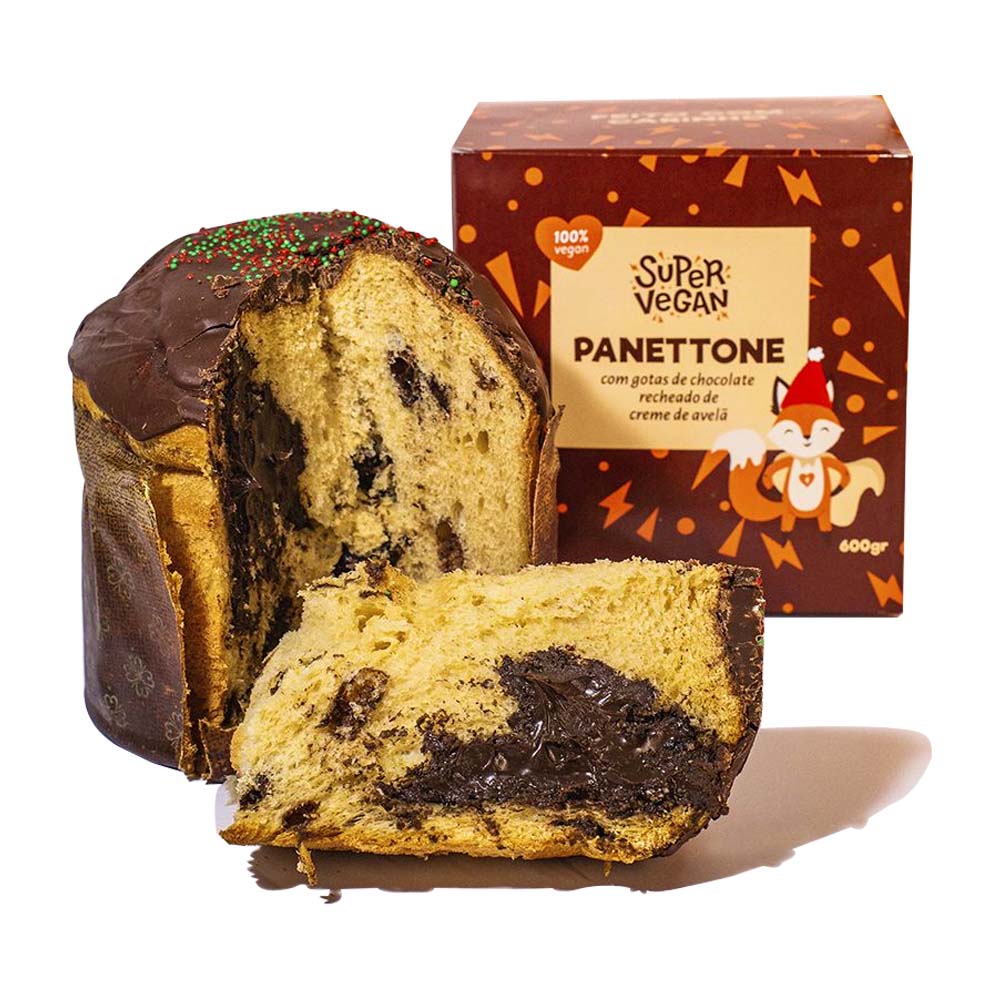Panettone Vegano com Gotas de Chocolate e Recheado de Creme de Avelã 600g Super Vegan